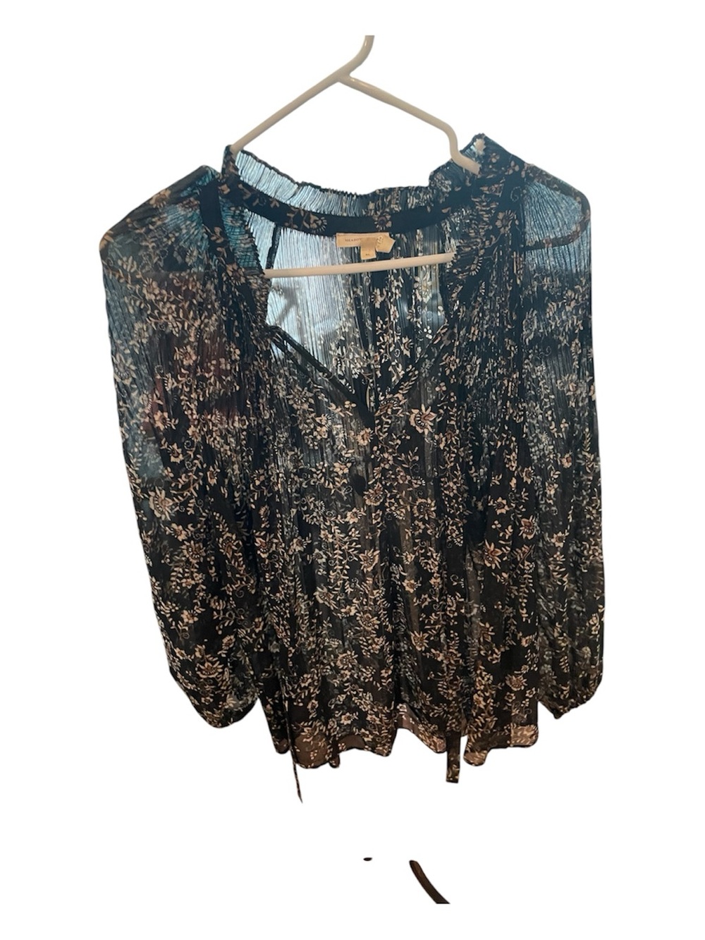 Meadow Rue Black Floral Sheer Tie-Neck Blouse